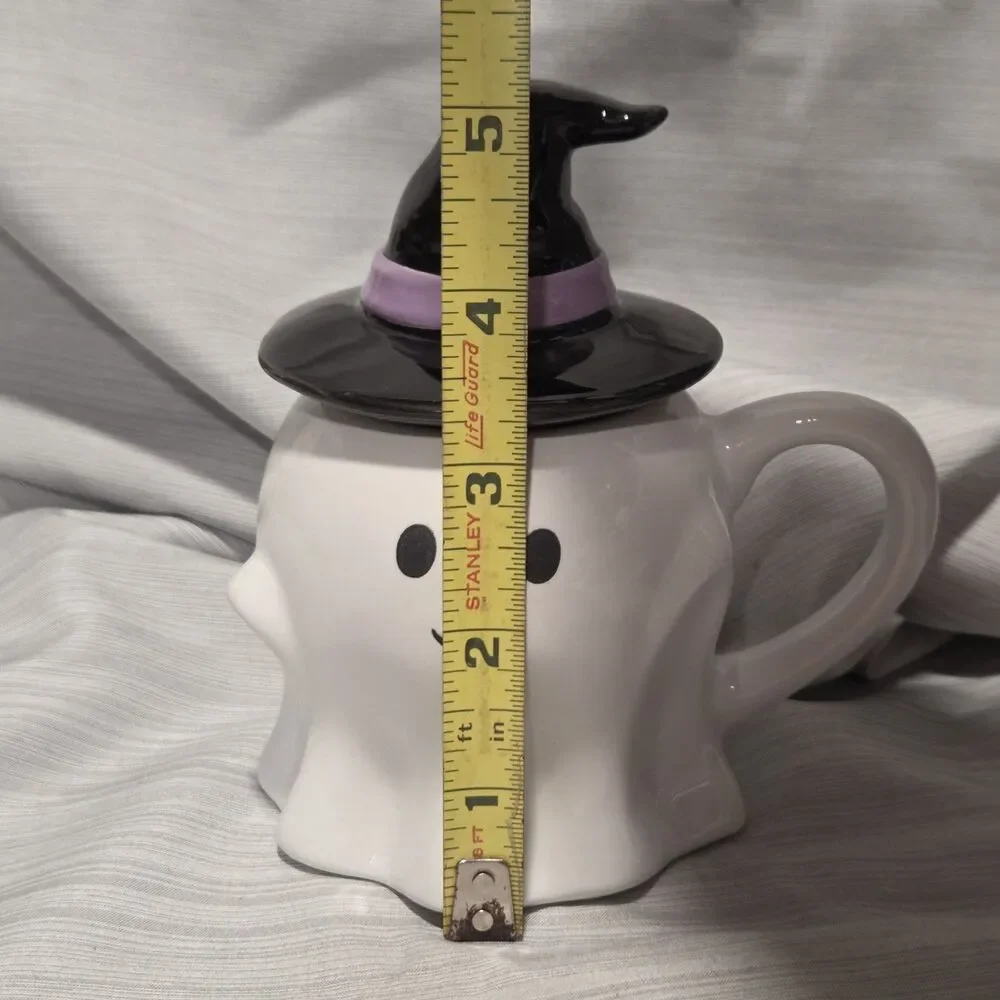 NEW Hyde and Eek Halloween White 3D Figural Ghost Mug w/Black Witch Hat Lid